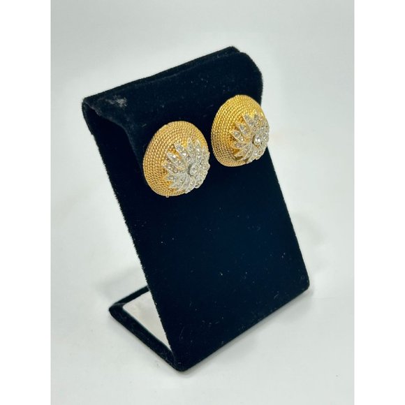 Vintage Signed CORO Clip On Earrings Textured Domed Rhinestones Classic Elegant - Picture 3 of 10